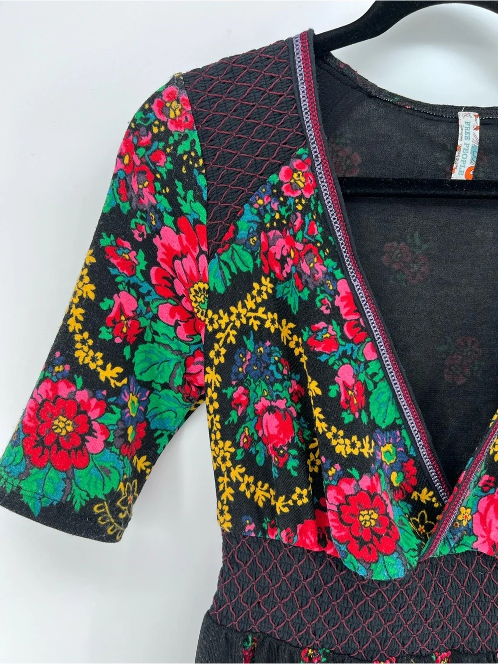Free People Dark Floral Boho Knit Dress Sz S Black Pink Folk Dopamine Colorful